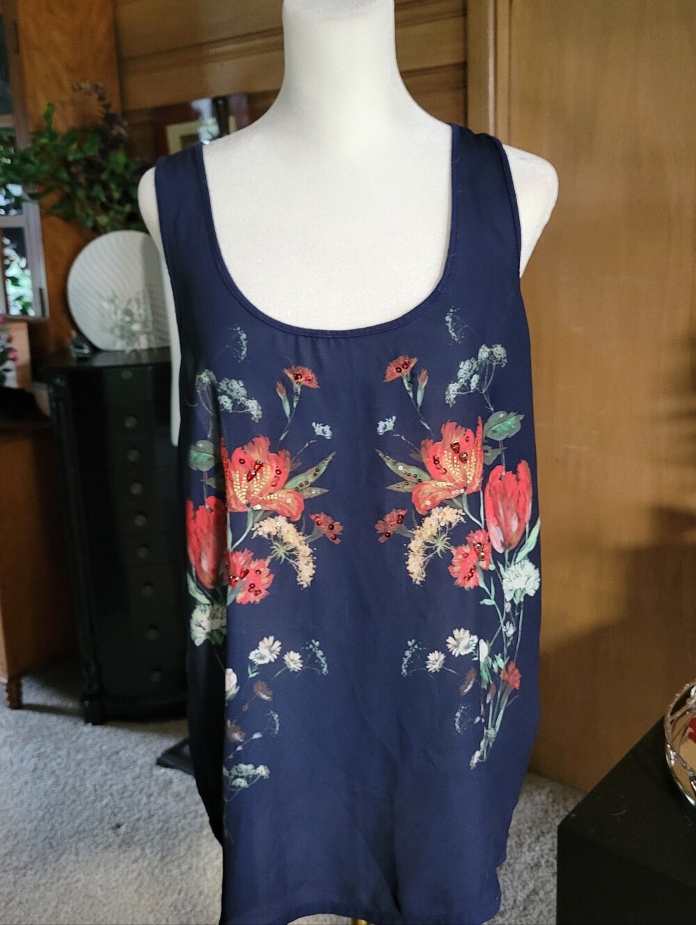 EXPRESS - Floral Scoop Neck Navy Tank Top